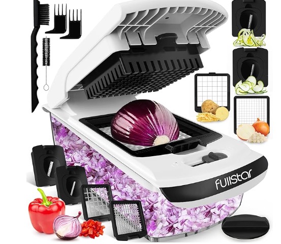 Fullstar Vegetable Chopper & Spiralizer with attachments and chopped vegetables