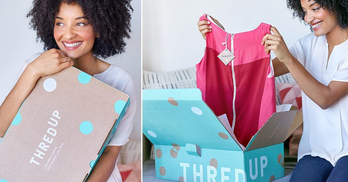 Two pictures of beautiful woman holding a ThredUp box and then holding up a cute top from the box