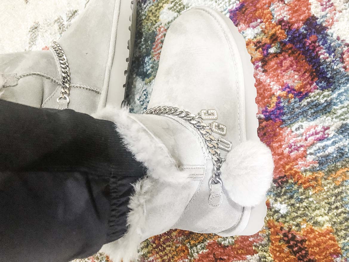My favorite cold weather shoe are these gray Uggs with bling.