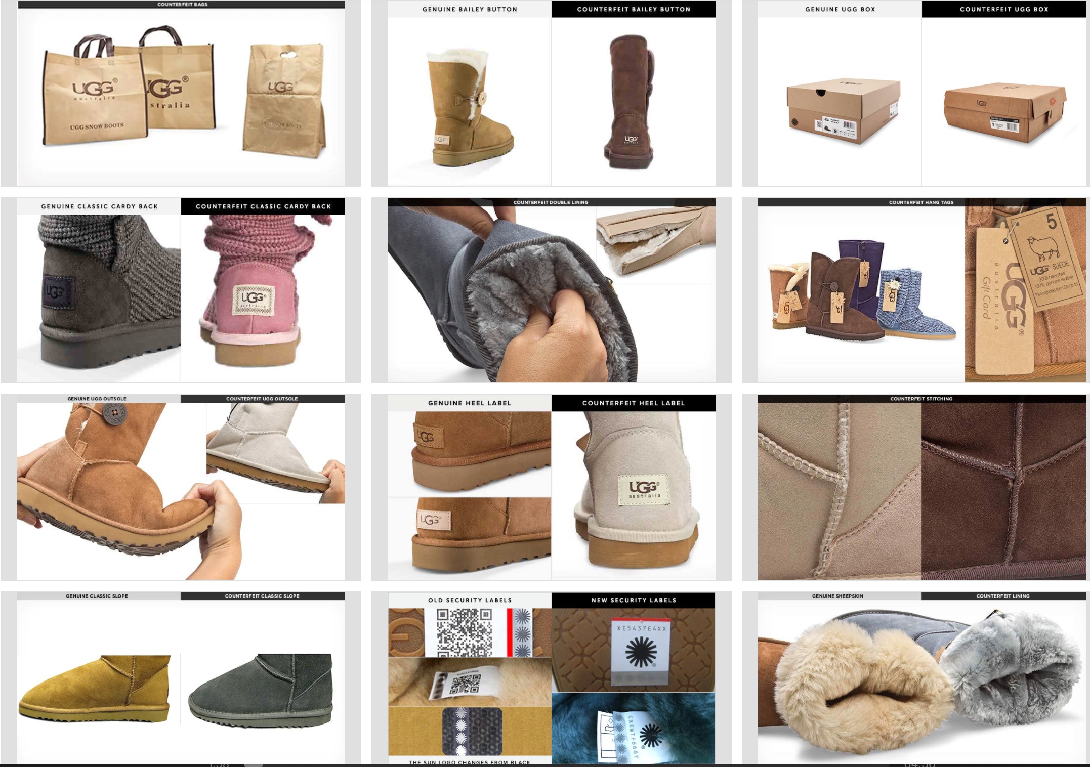 Visual differences between genuine and counterfeit UGG boots