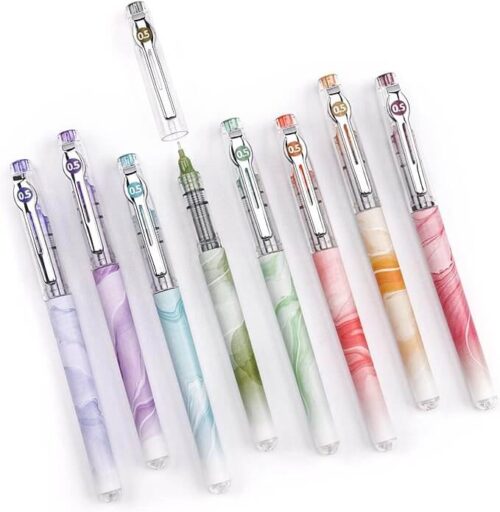 Set of pastel-colored Writech liquid ink rollerball pens arranged in a diagonal gradient on a white background