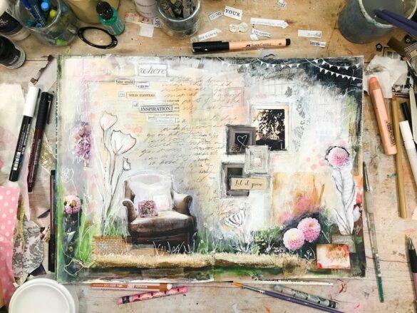 Laly Mille Art collage with whimsical writings and various pictures, including colorful pink flowers all embellished with white pen markings