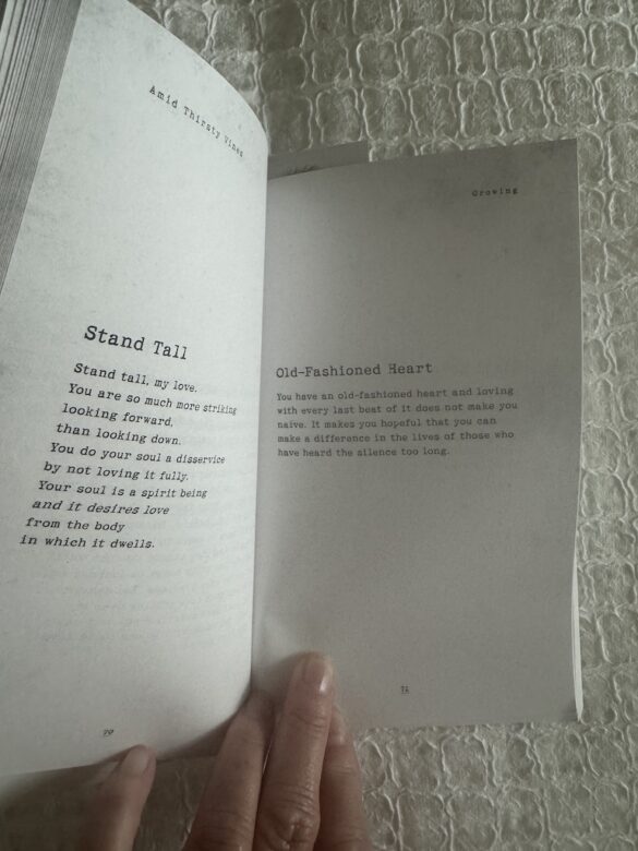 Amid Thirsty Vines poetry book, purchased used, opened to reveal a poem titled Old-Fashioned Heart