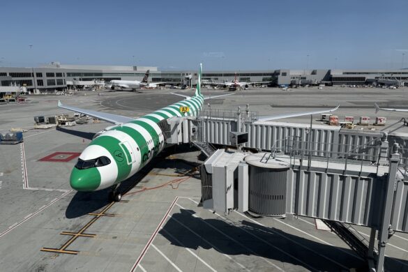 Condor Airlines green-striped Airbus A330-900 NEO at the gate at San Francisco International Airport, part of 33 Days in Europe