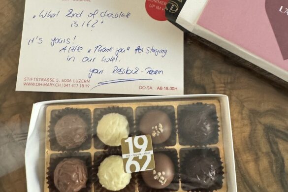 Welcome gift of Swiss chocolates from Hotel Rebstock in Lucerne during Deborah Bass’s 33 Days in Europe trip.