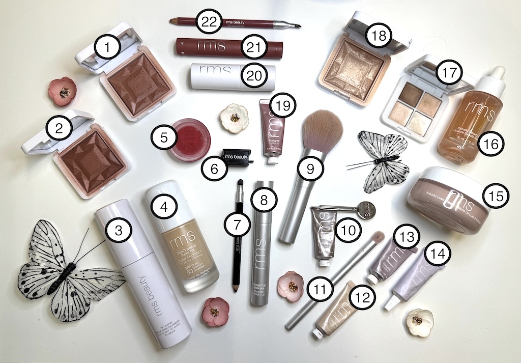 Flatlay image showing 22 RMS Beauty makeup products, labeled with numbers 1 through 22.