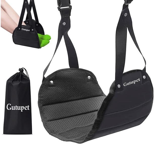 Black airplane foot hammock with adjustable straps and carrying bag