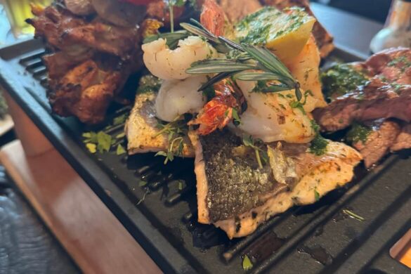 Plate of grilled skewers at The Anchor restaurant in Lucerne