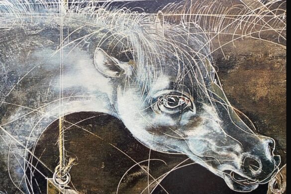 Abstract horse painting by Hans Erni, featuring white linework and dynamic sketches layered over a dark background