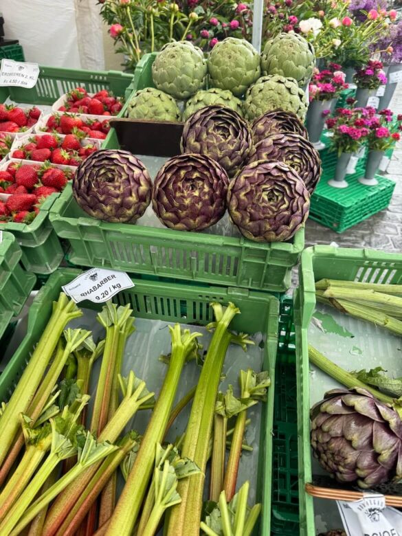 Colorful market stand along the Reuss River in Lucerne with fresh rhubarb, green and purple artichokes, strawberries, and flowers
