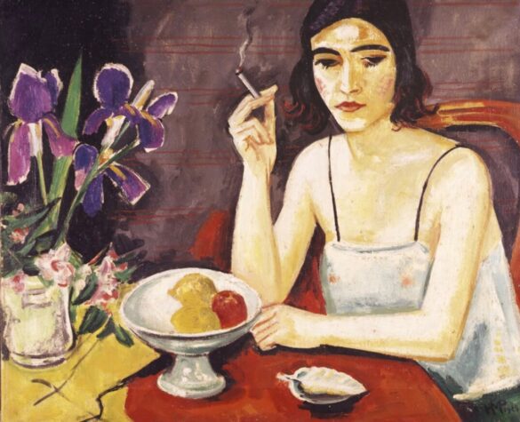 Expressionist painting of a dark-haired woman in a white slip, smoking a cigarette at a table with fruit, flowers, and a seashel