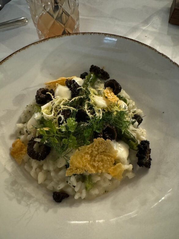 lose-up of risotto with morel mushrooms, asparagus, smoked ricotta, and herbs served on a white plate at Restaurant Burgerstube in Lucerne.
