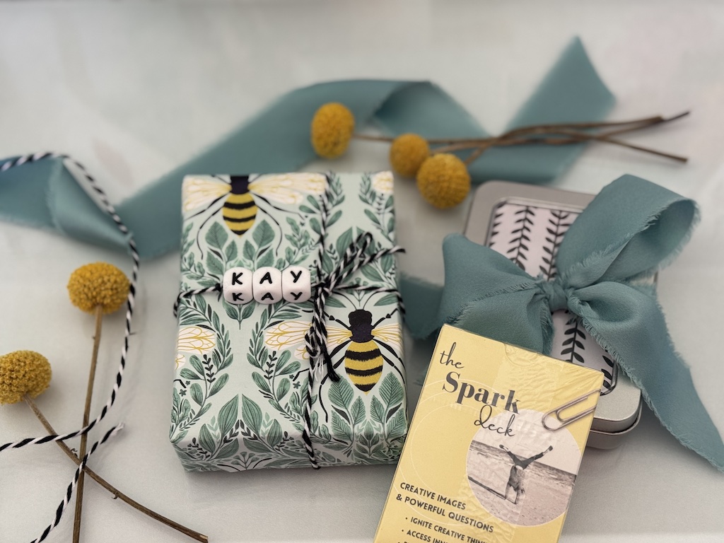 Spark Cards deck with creative prompts, gift-wrapped with bees and ribbon
