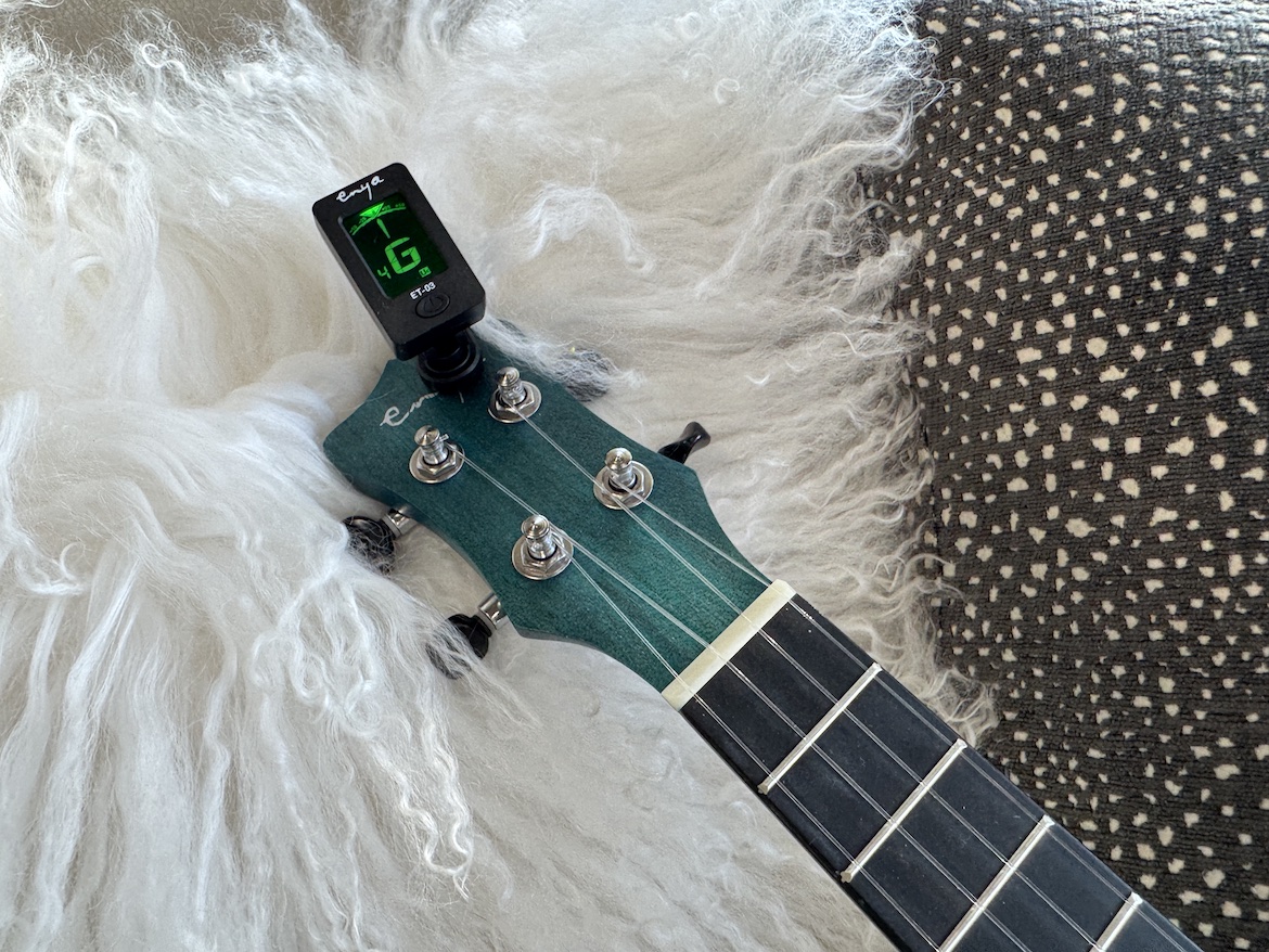 Blue ukulele with digital tuner clipped to the headstock, G string tuned to green