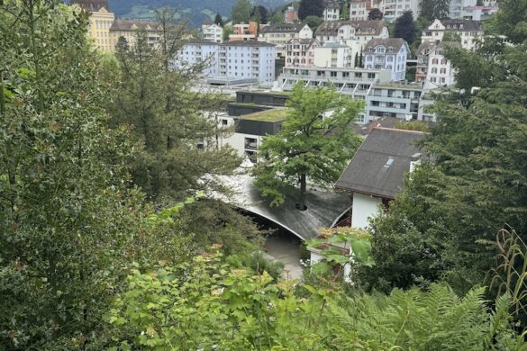 Scenic view of Lucerne city through trees from Glacier Gardens hillside.