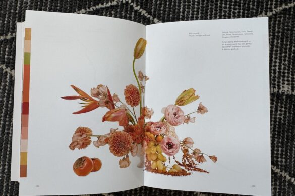 Book spread showing an analogous floral arrangement in peach, orange, and rust, Flower Color Theory, page 248.
