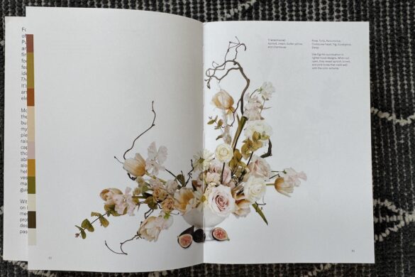 Book spread showing a transitional floral arrangement in apricot, cream, butter yellow, and chartreuse, Flower Color Theory, page 60.