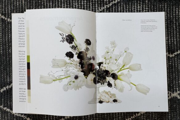 Book spread showing a floral arrangement in black and white, Flower Color Theory, page 18.