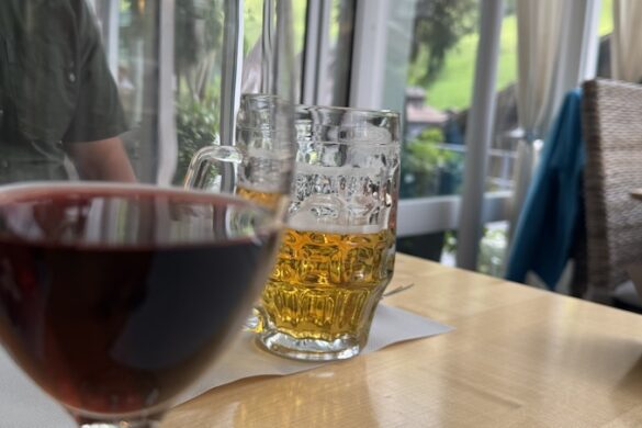 Glass of red wine and glass of beer on a wooden table inside a Lucerne restaurant, green park visible through the windows