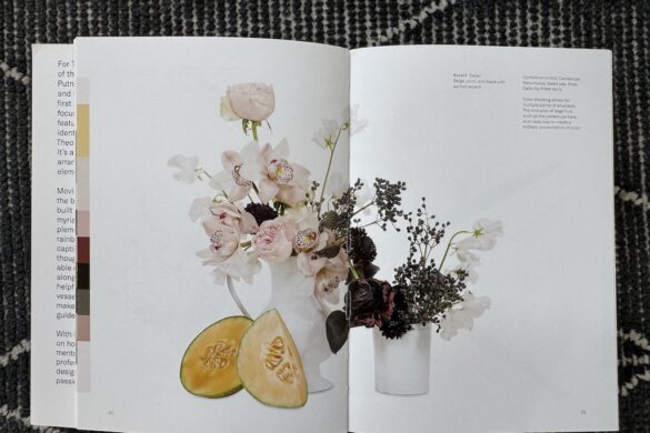 Arrangement from Flower Color Theory featuring cantaloupe in apricot tones paired with pink, plum, and black flowers on page 50 of the book