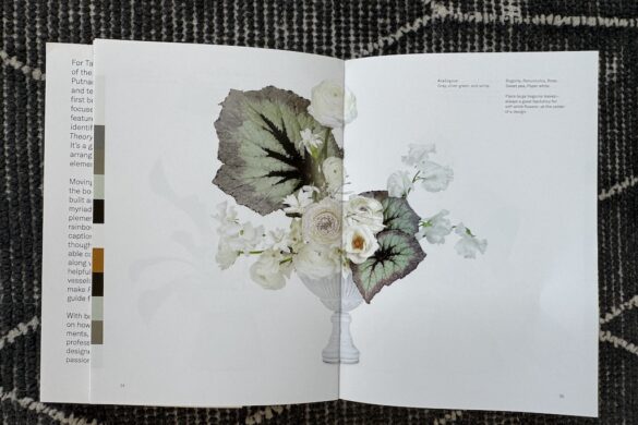 Book spread showing an analogous floral arrangement in gray, silver green, and white, Flower Color Theory, page 34.