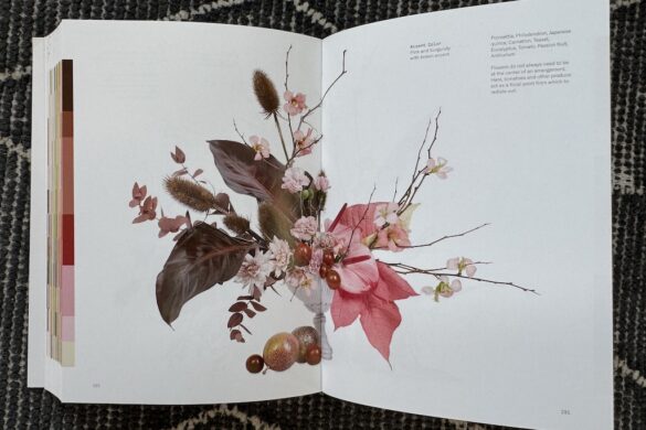 Book spread showing a floral arrangement in warm pink with coral and blush accent, Flower Color Theory, page 290.