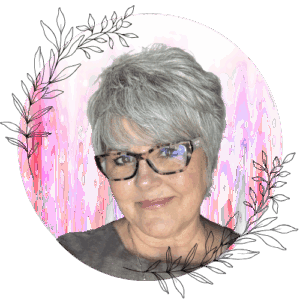 Circular portrait of writer Deborah Bass with colorful painted background and botanical leaf art