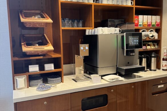 Coffee and espresso machines at the Viking Alruna’s self-serve beverage area