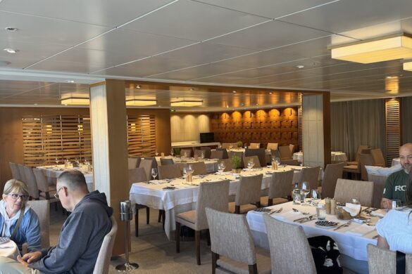 Lounge seating area aboard the Viking Alruna with modern chairs, neutral tones, and large windows overlooking the river