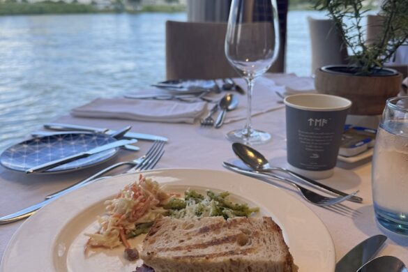 Sandwich and chips served aboard the Viking River Cruise Alruna on a wooden table
