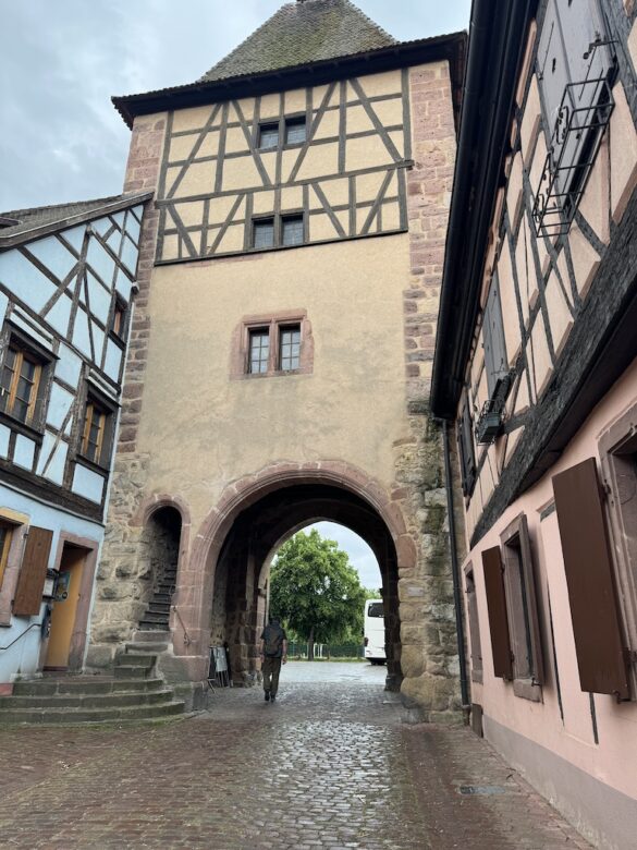 Cobblestone street leading under a stone archway framed by half-timbered houses in Colmar, France.