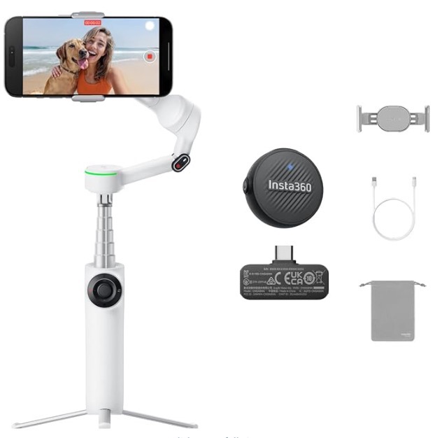hite Insta360 Flow 2 Pro smartphone gimbal on a small tripod with phone mounted horizontally, shown alongside included accessories