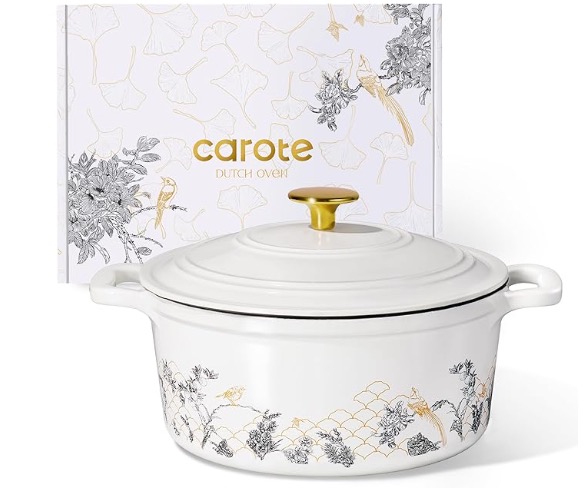 White round Dutch oven with lid, black-and-gold bird motif, and gold knob shown with matching illustrated box