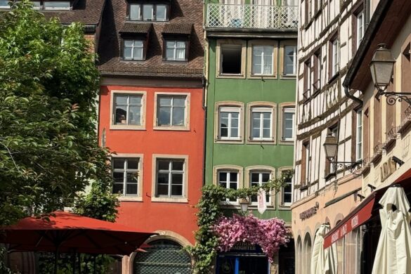 Street scene with colorful buildings in Strasbourg