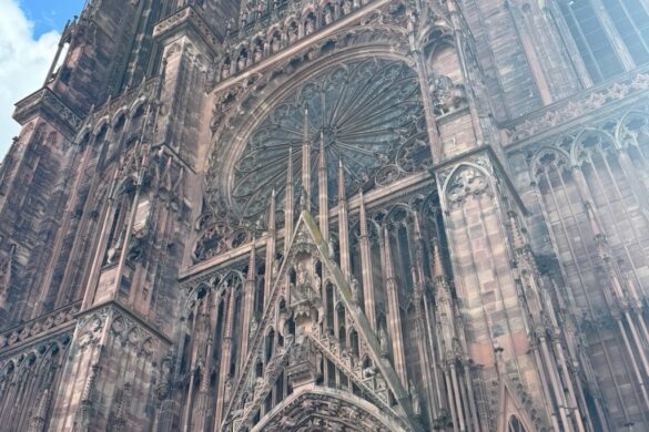 Close view of Strasbourg Cathedral exterior stonework and Gothic details