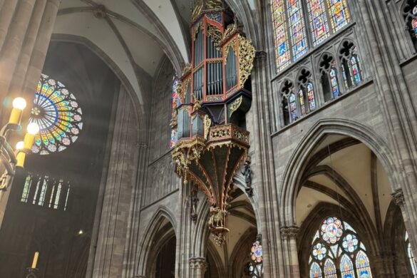 Interior view showing the height and arches inside Strasbourg Cathedral