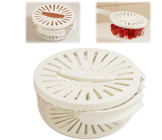 white ceramic berry basket with slotted sides and lid used to rinse and store fresh berries in the refrigerator