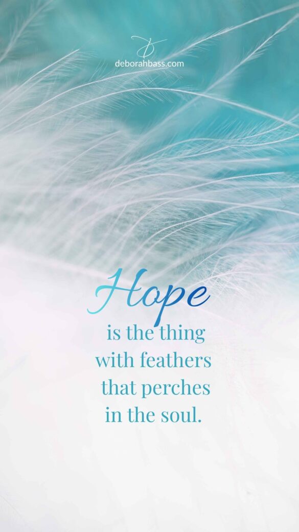 aqua and white feather-inspired phone wallpaper with the quote Hope is the thing of feathers in soft script