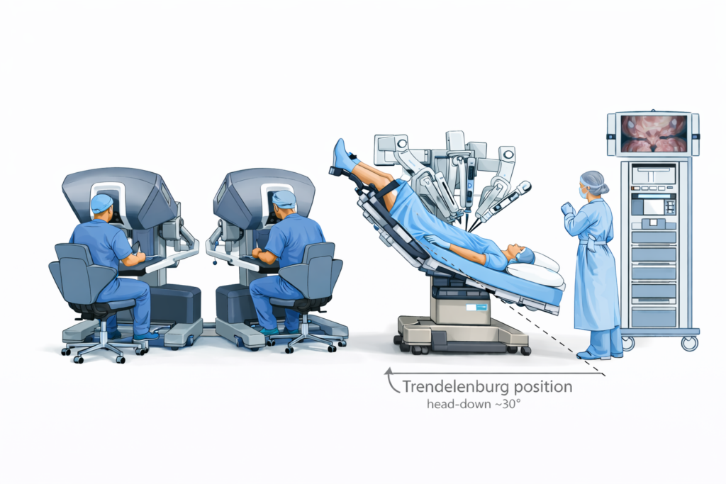 medical illustration of robotic-assisted gynecologic surgery with patient in steep Trendelenburg position, head down and legs elevated in stirrups, da Vinci surgical system docked
