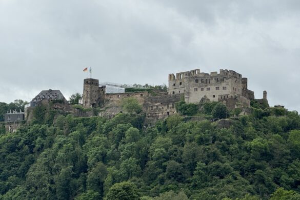 Stone castle sitting on a wooded hillside above the Rhine River