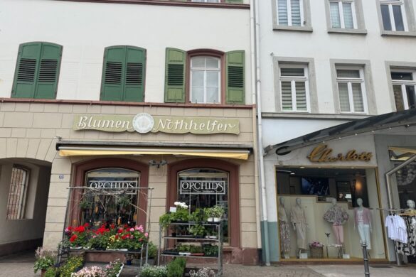 small flower shop storefront with green shutters and colorful potted plants and flowers displayed outside