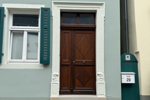 brown wooden front door set into a pale green house facade with teal shutters and a small step
