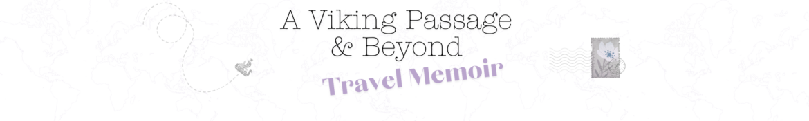 Lavender map background with a dotted travel path and small Viking ship icon, overlaid text reading “A Viking Passage & Beyond” with the words “Travel Memoir” below in lavender, and a lavender postage stamp design on the right.