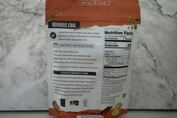 back of numi rooibos chai latte package showing ingredients and instructions