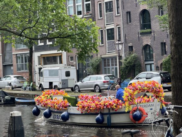 Small boats on an Amsterdam canal covered with vibrant flowers