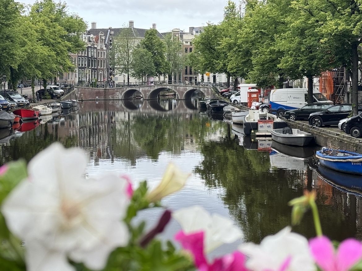 Amsterdam canal with arched bridge, boats, reflections, and flowers in the foreground