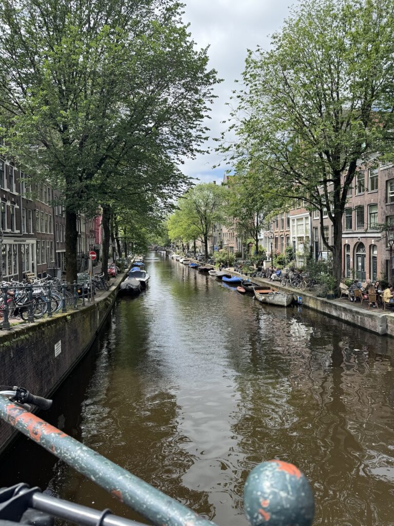 view down an Amsterdam canal from a bridge with trees lining both sides and boats along the water