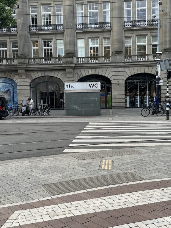 Amsterdam street scene with public WC entrance, crosswalk, bicycles, and classical stone building facade