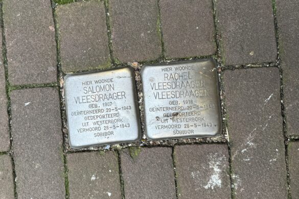 Two Stolpersteine memorial stones for Salomon Vleesdraagger and Rachel Vleesdraagger set into an Amsterdam sidewalk