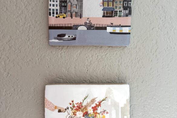Two handmade Dutch StoryTiles showing an Amsterdam canal scene with a bicycling girl and a floral bicycle with canal houses